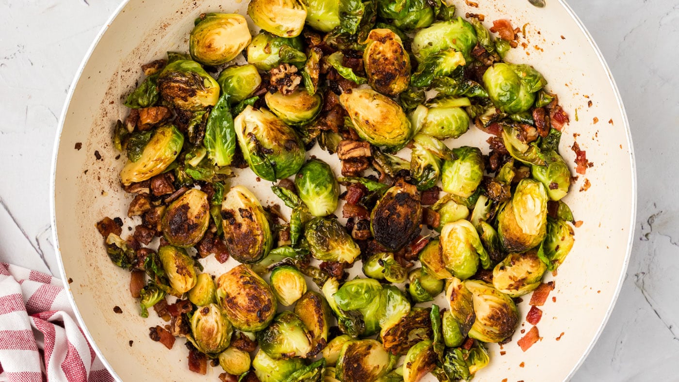 Brussels Sprouts with Bacon, Shallots and Candied Pecans